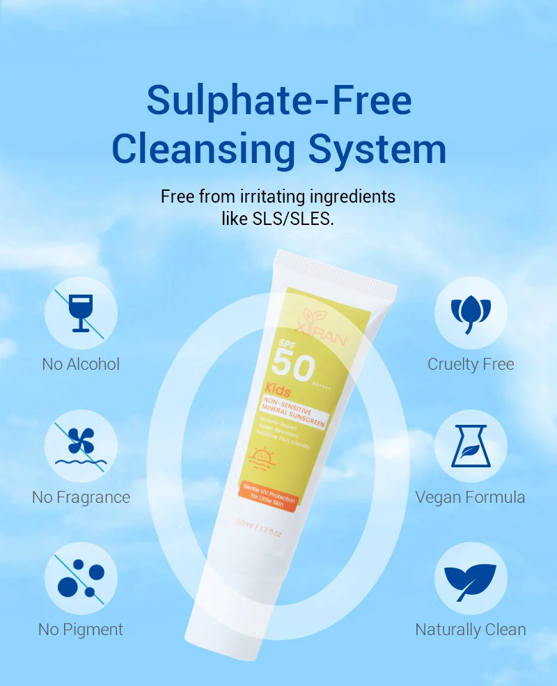 Sulphate-free cleansing system featuring SPF 50 kids mineral sunscreen with no alcohol, fragrance, pigment, cruelty-free, vegan, and naturally clean features.